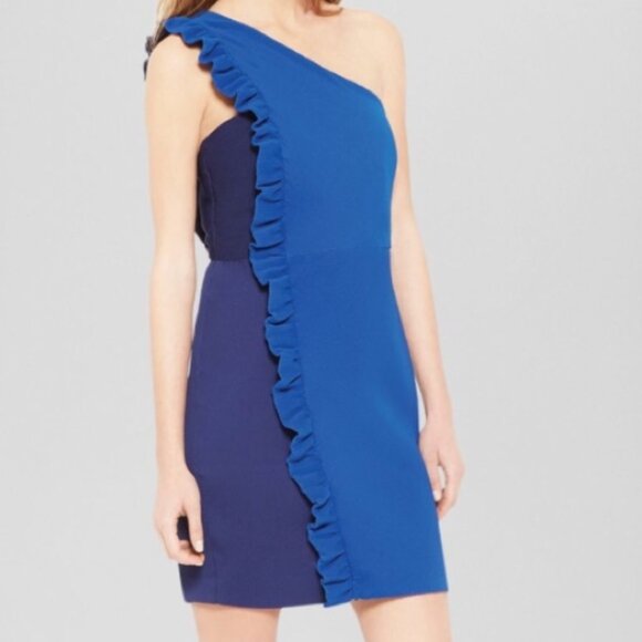 SANDRO Rdv One-shoulder Ruffled Pleated Crepe Dress In Blue - Picture 1 of 11